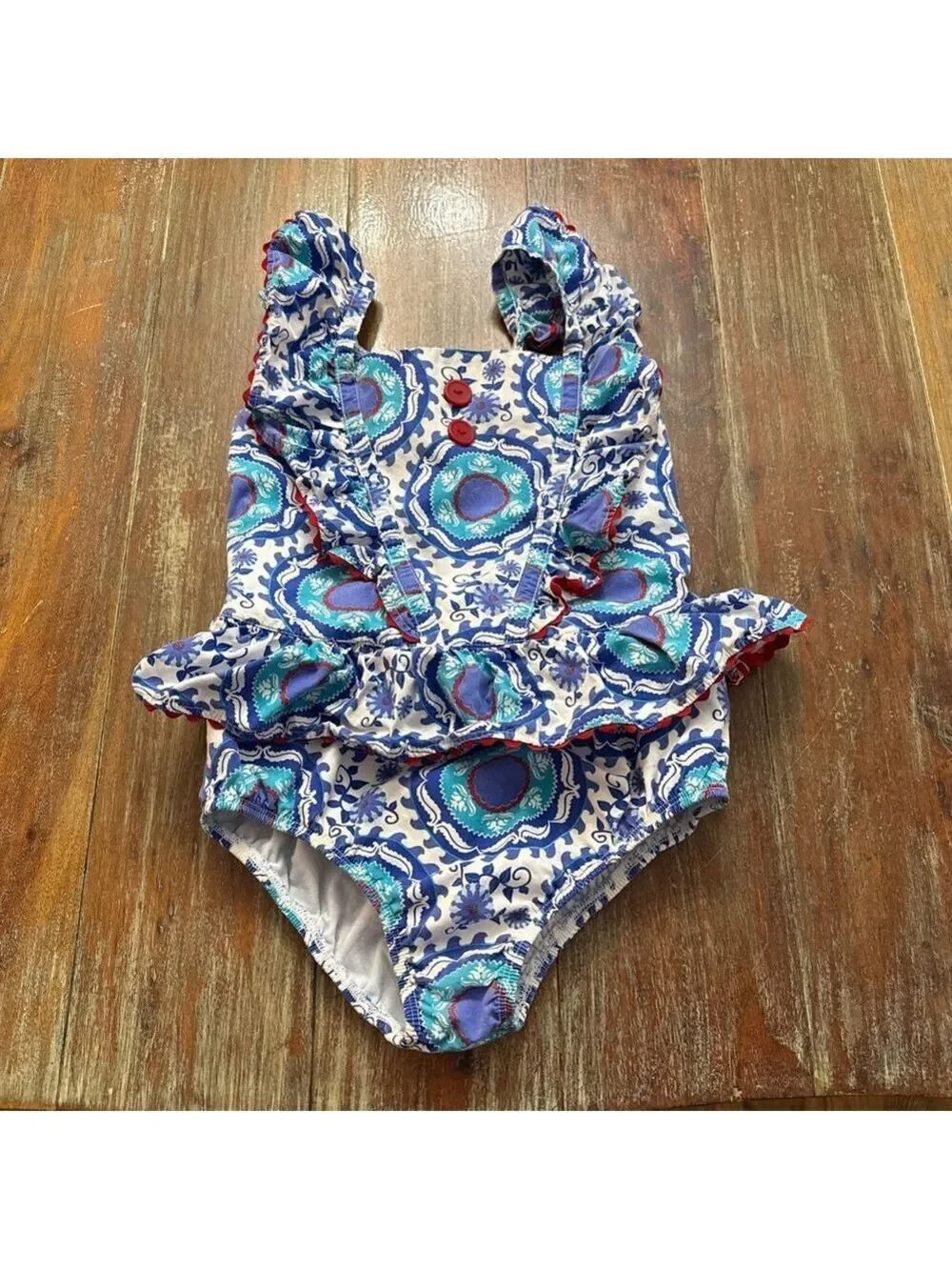 Kelly's Kids Blue Paisley Ruffle Romper Size 7 8